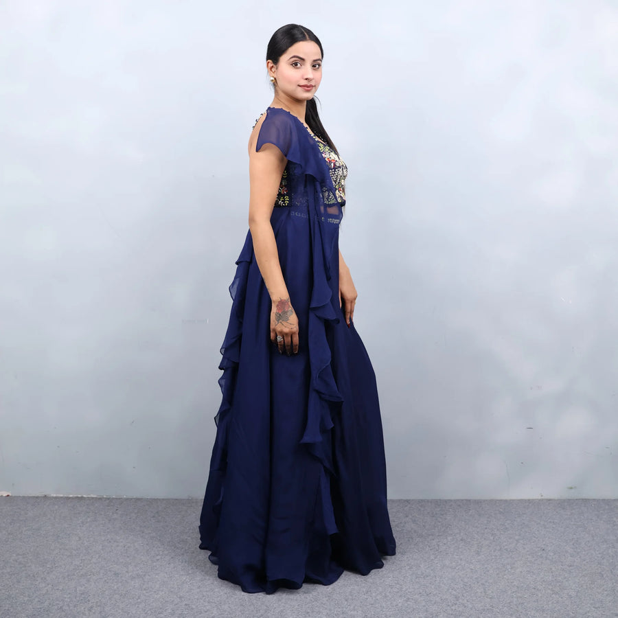 Elegant Blue Crop Top with Divider and Attached Shrug