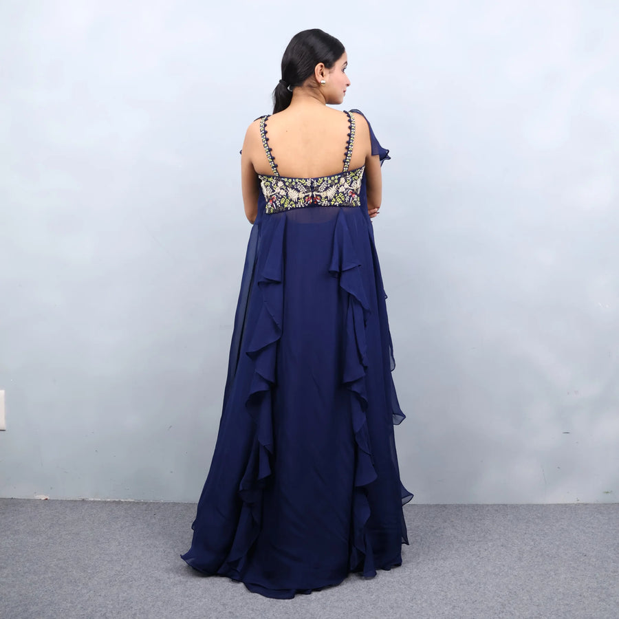 Elegant Blue Crop Top with Divider and Attached Shrug