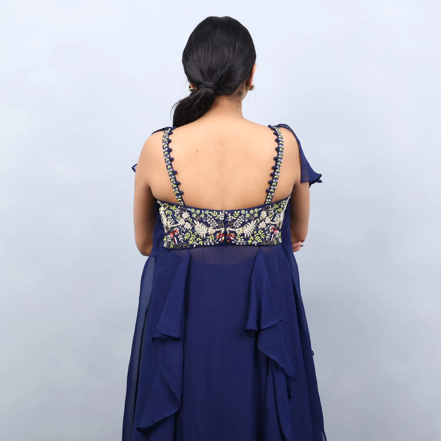 Elegant Blue Crop Top with Divider and Attached Shrug