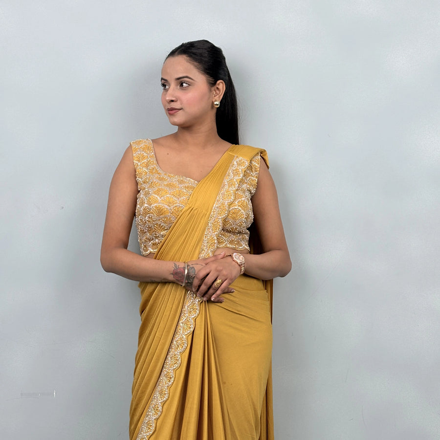 Stylish Drape Saree with Elegant Neck & Sleeve Design