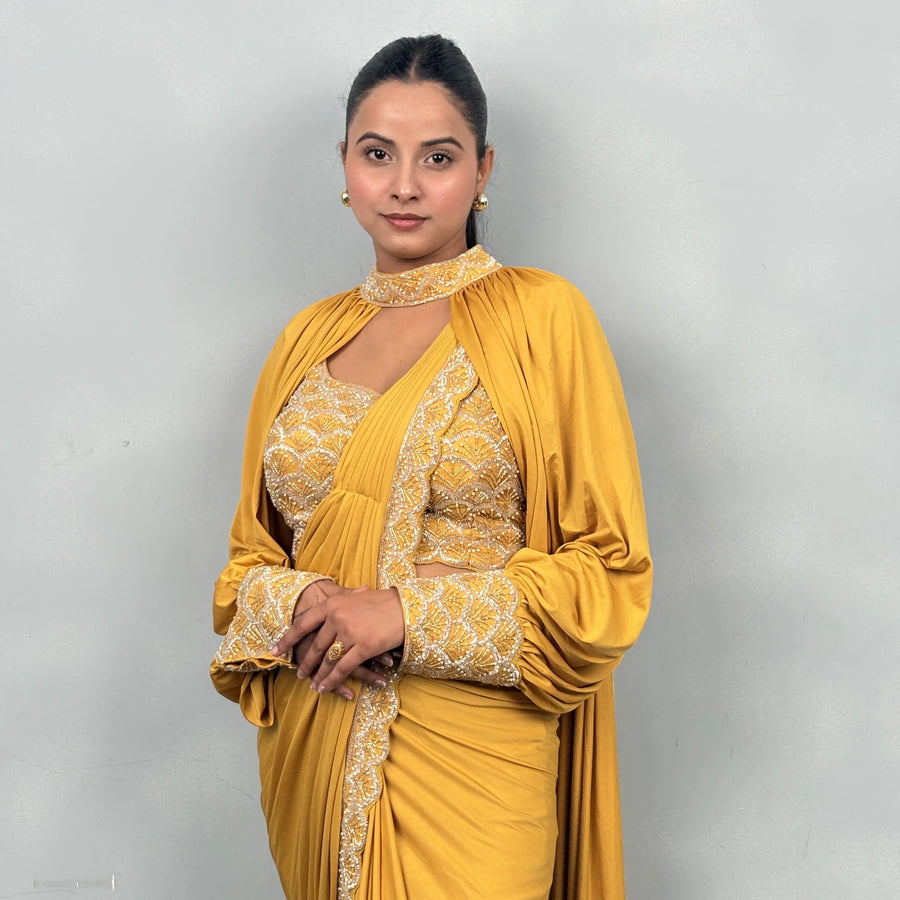 Stylish Drape Saree with Elegant Neck & Sleeve Design