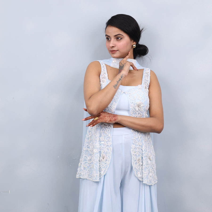 Crop Top Sharara with Sleeveless Shrug