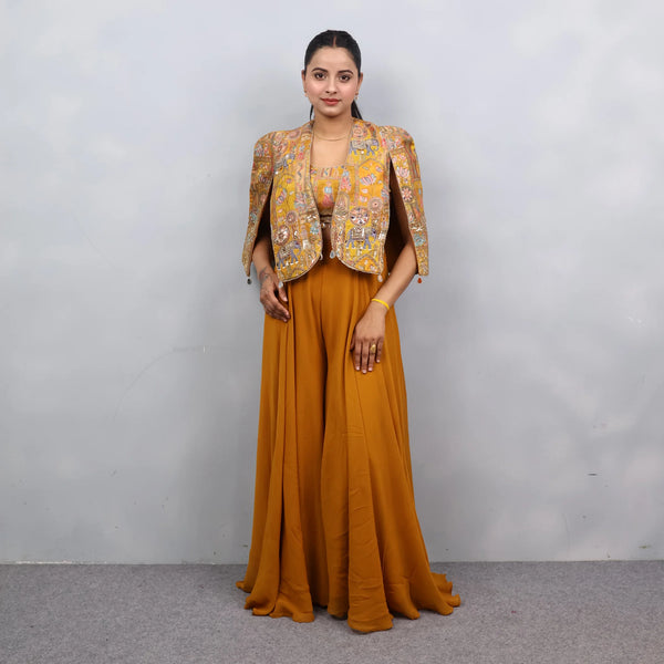 Modern Mehendi Look: Crop Top & Sharara Set with Jacket