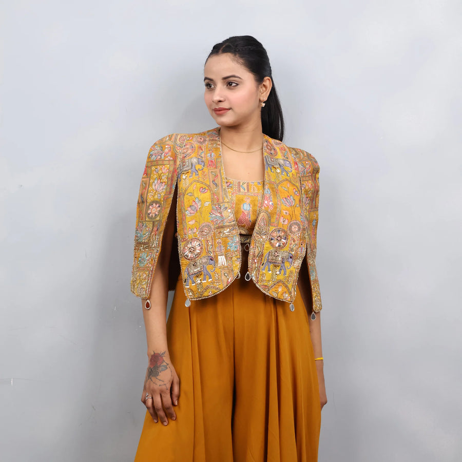 Modern Mehendi Look: Crop Top & Sharara Set with Jacket