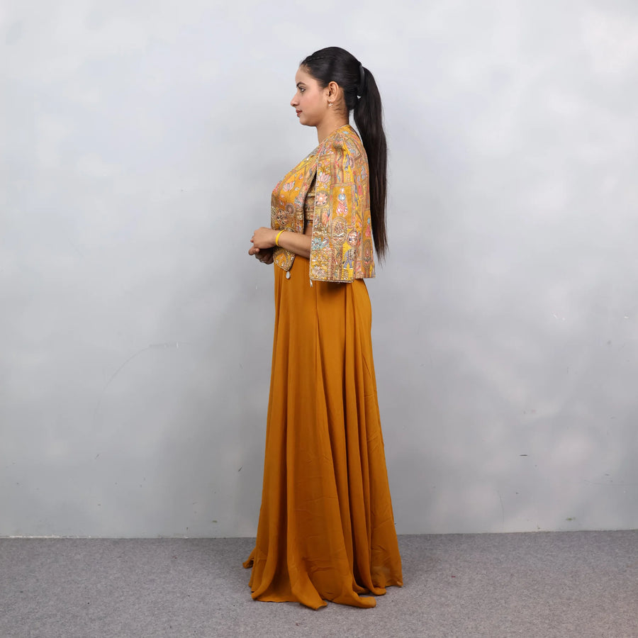 Modern Mehendi Look: Crop Top & Sharara Set with Jacket