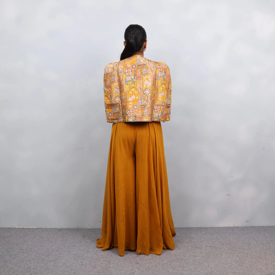 Modern Mehendi Look: Crop Top & Sharara Set with Jacket