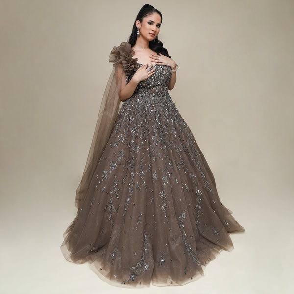 Elegant Ball Gown with Asymmetrical Falling Sleeve