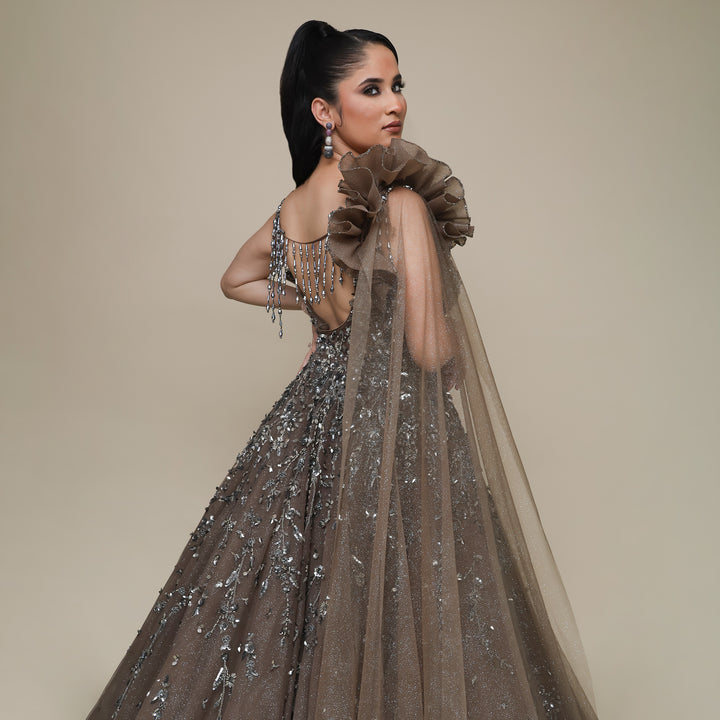 Elegant Ball Gown with Asymmetrical Falling Sleeve