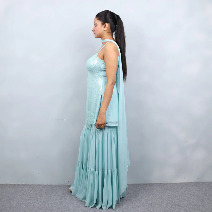 Elegant Straight Suit with Sharara & Choker Dupatta