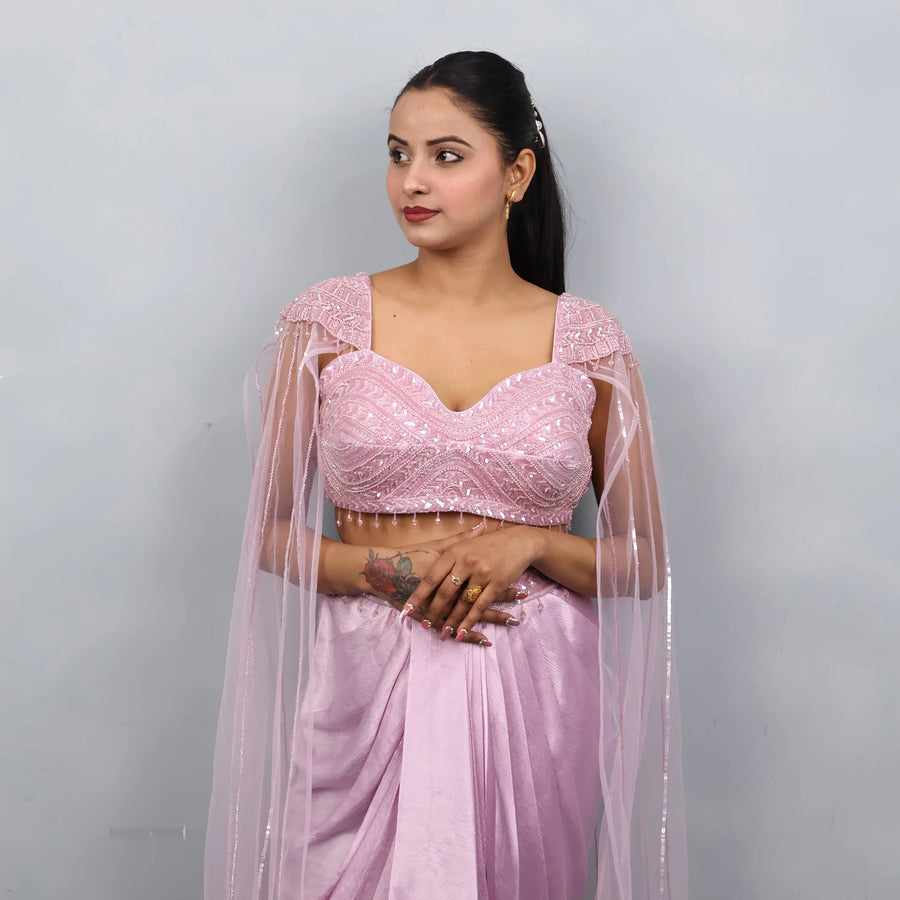 Lavender Dhoti with Shoulder-Attached Cape