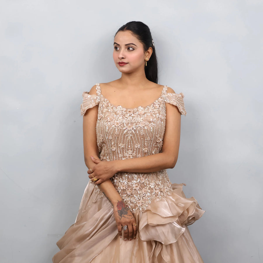 Beige Golden Cold Shoulder Gown