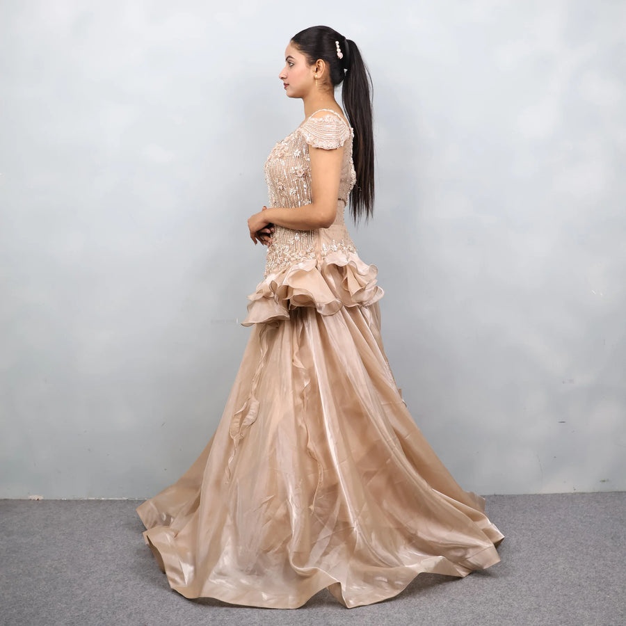 Beige Golden Cold Shoulder Gown