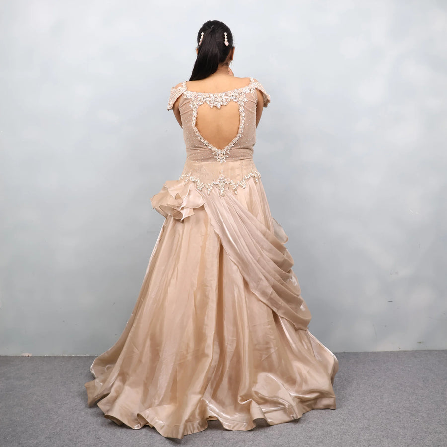 Beige Golden Cold Shoulder Gown
