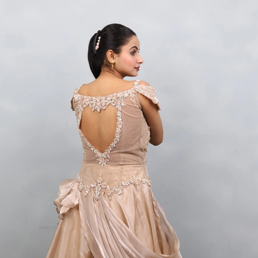 Beige Golden Cold Shoulder Gown