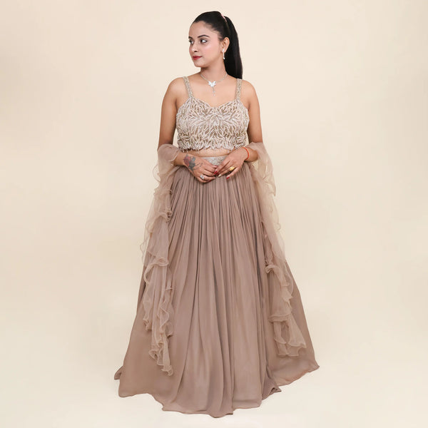 Ruffle Dupatta Crop Top Skirt Set