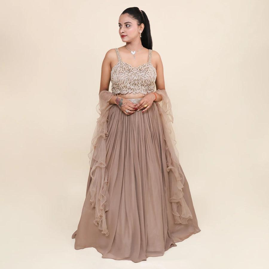Ruffle Dupatta Crop Top Skirt Set