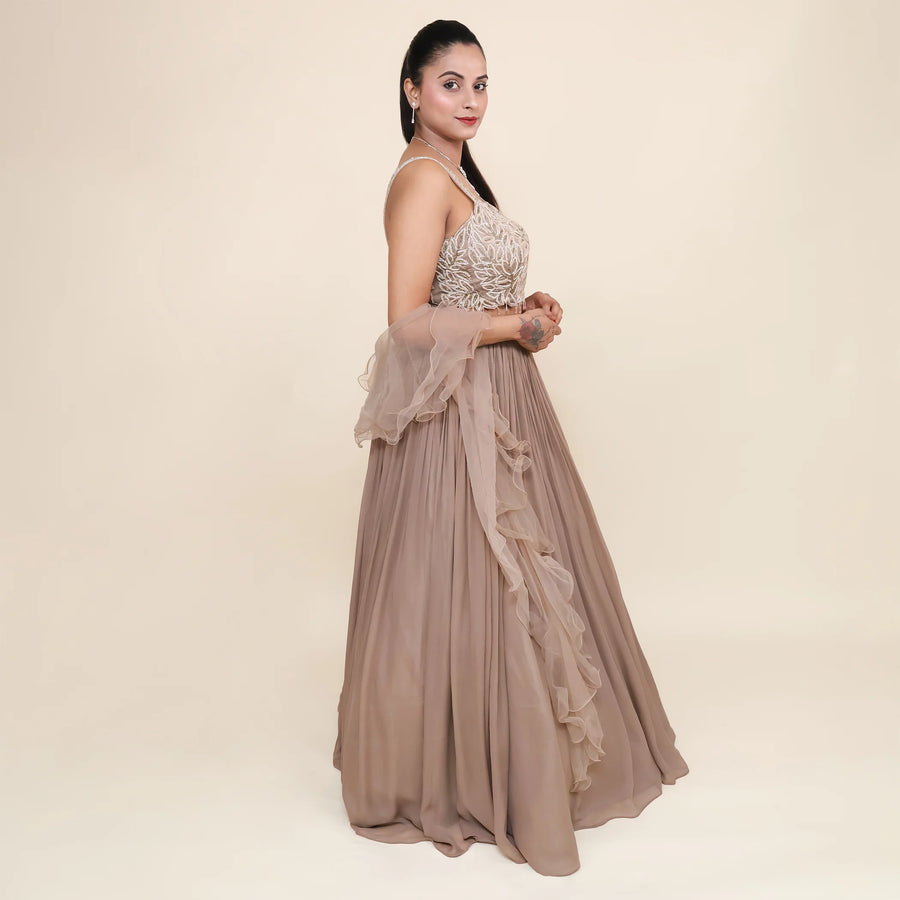 Ruffle Dupatta Crop Top Skirt Set