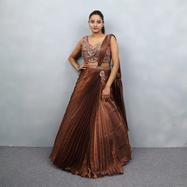Brown Organza Crop Top Skirt Set