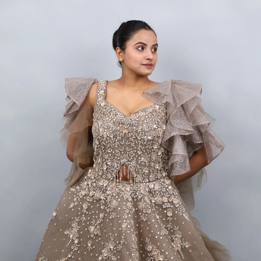 Elegant Beige Gold Heavy Gown