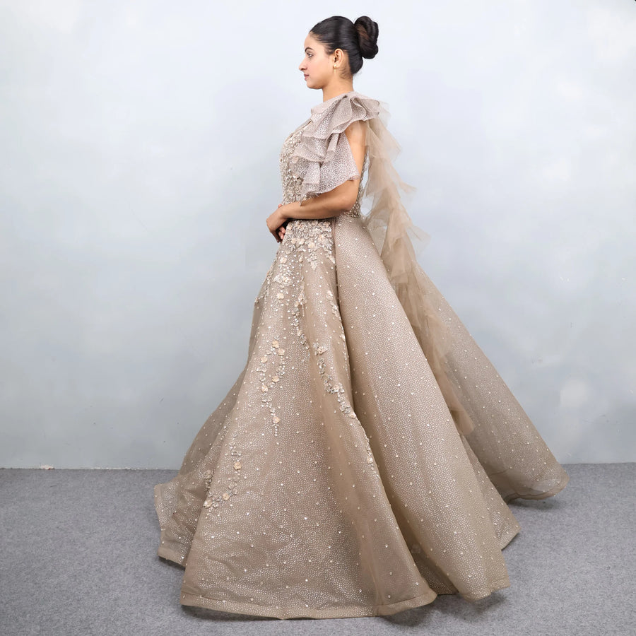 Elegant Beige Gold Heavy Gown
