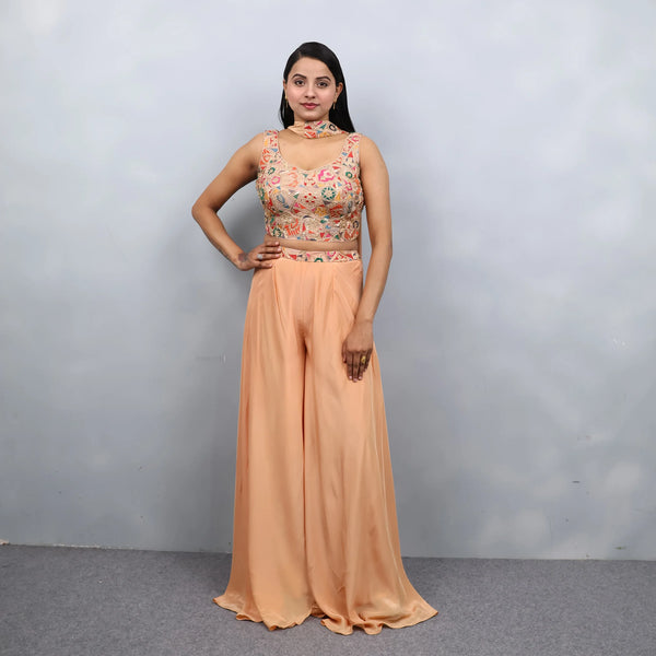 Peach Crop Top with Palazzo and Choker Dupatta