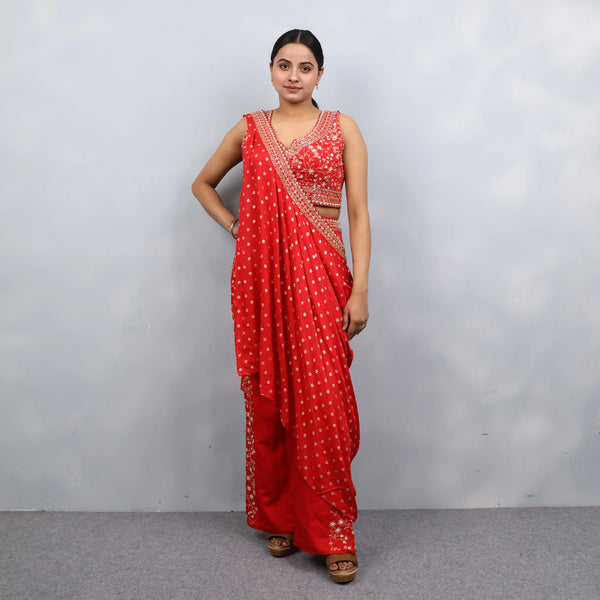 Red Crop Top with Drape and Palazzo