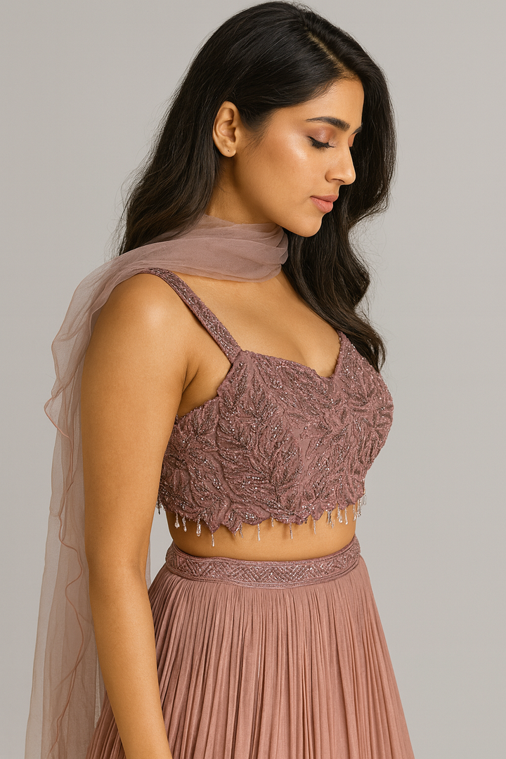 Indo-Western Crop Top with Skirt side profile 