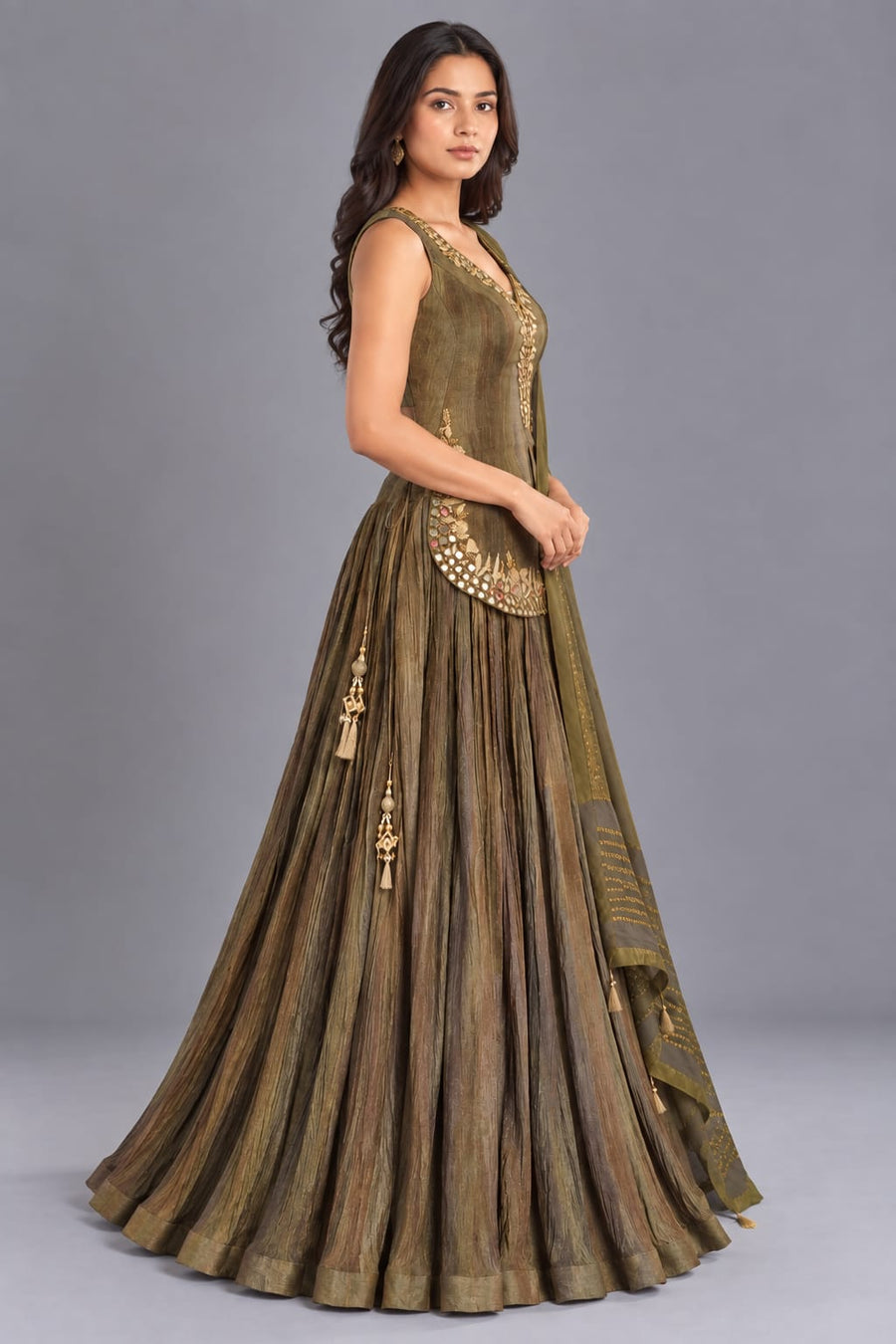 Olive Green Indo Western Lehenga Set with Peplum Top and Dupatta for Women