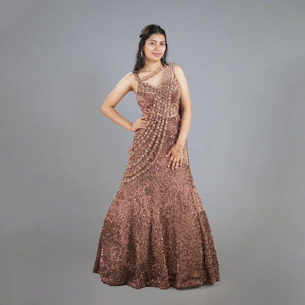 Indo Western Mermaid Crop Top Skirt with Attached Dupatta