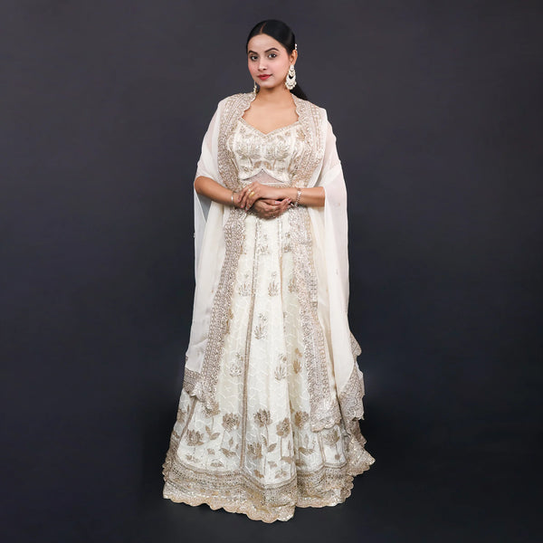 Ivory Crop Top Lehenga with Dupatta- Vastrachowk