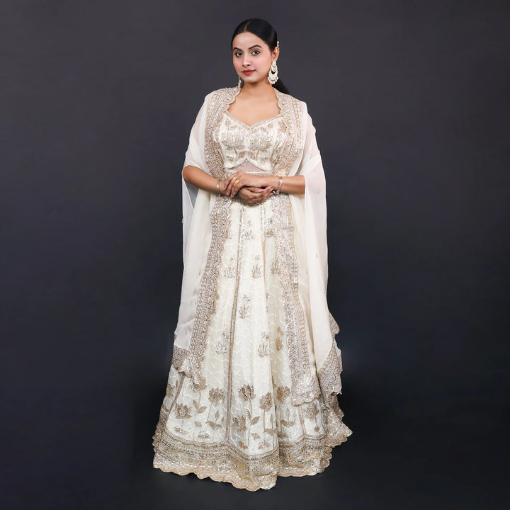 Ivory Crop Top Lehenga with Dupatta- Vastrachowk