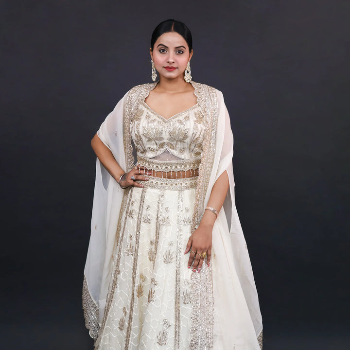 Ivory Crop Top Lehenga with Dupatta- Vastrachowk