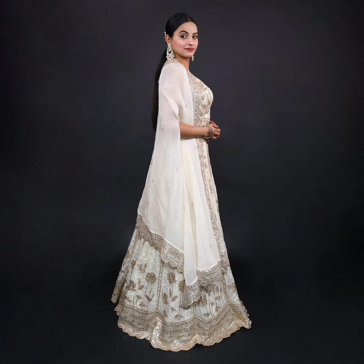 Ivory Crop Top Lehenga with Dupatta- Vastrachowk