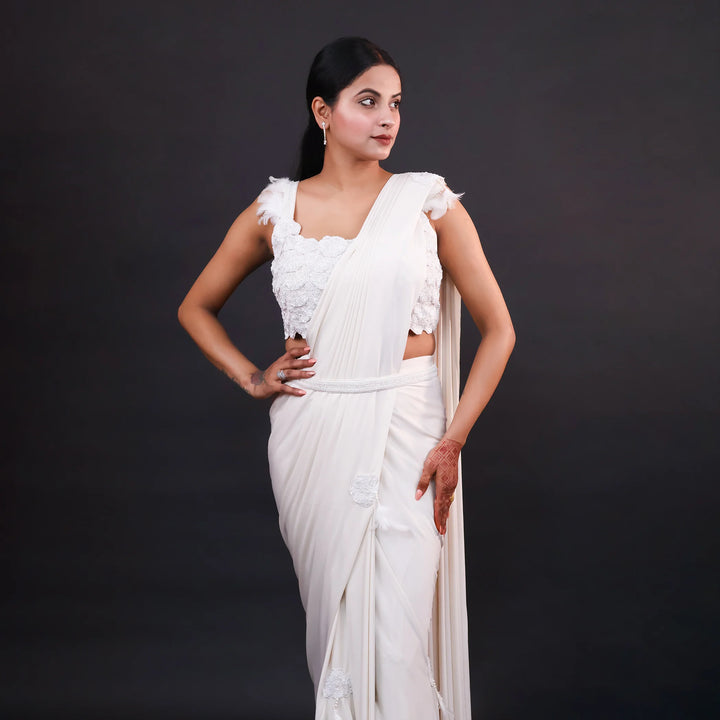 Ivory Crop Top Style Drape Saree- Vastrachowk