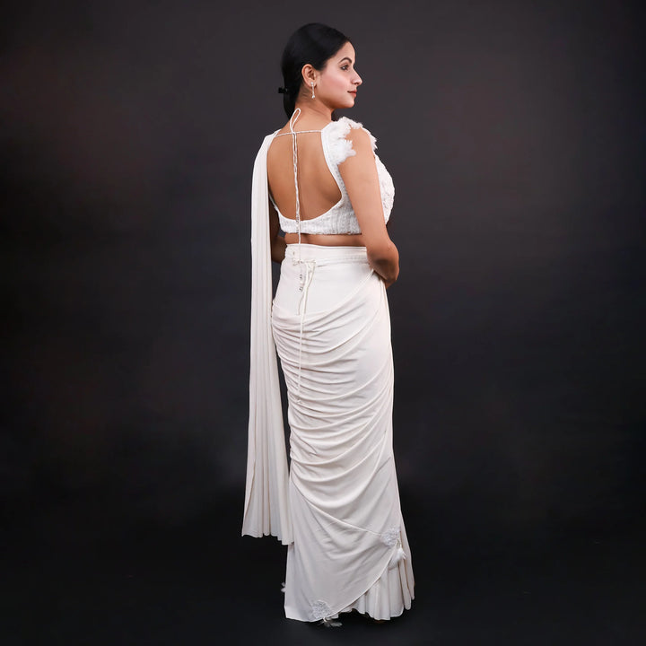 Ivory Crop Top Style Drape Saree- Vastrachowk