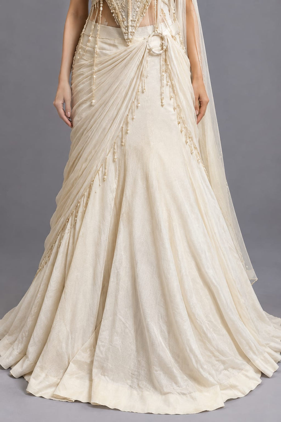 Ivory Drape Saree with Embroidered Corset Blouse for Women | Vastrachowk