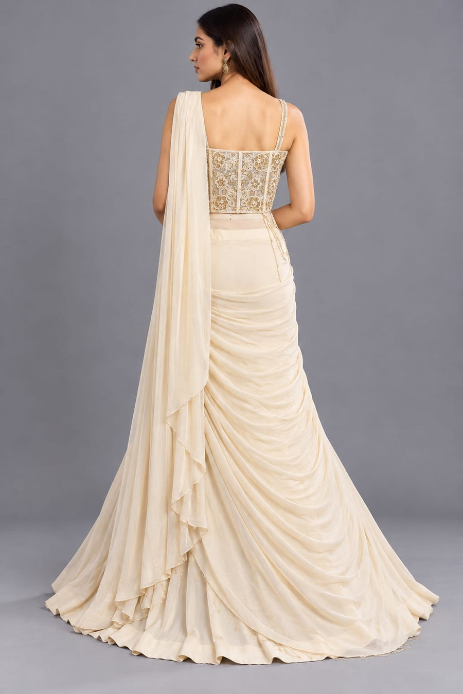 Ivory Drape Saree with Embroidered Corset Blouse for Women | Vastrachowk
