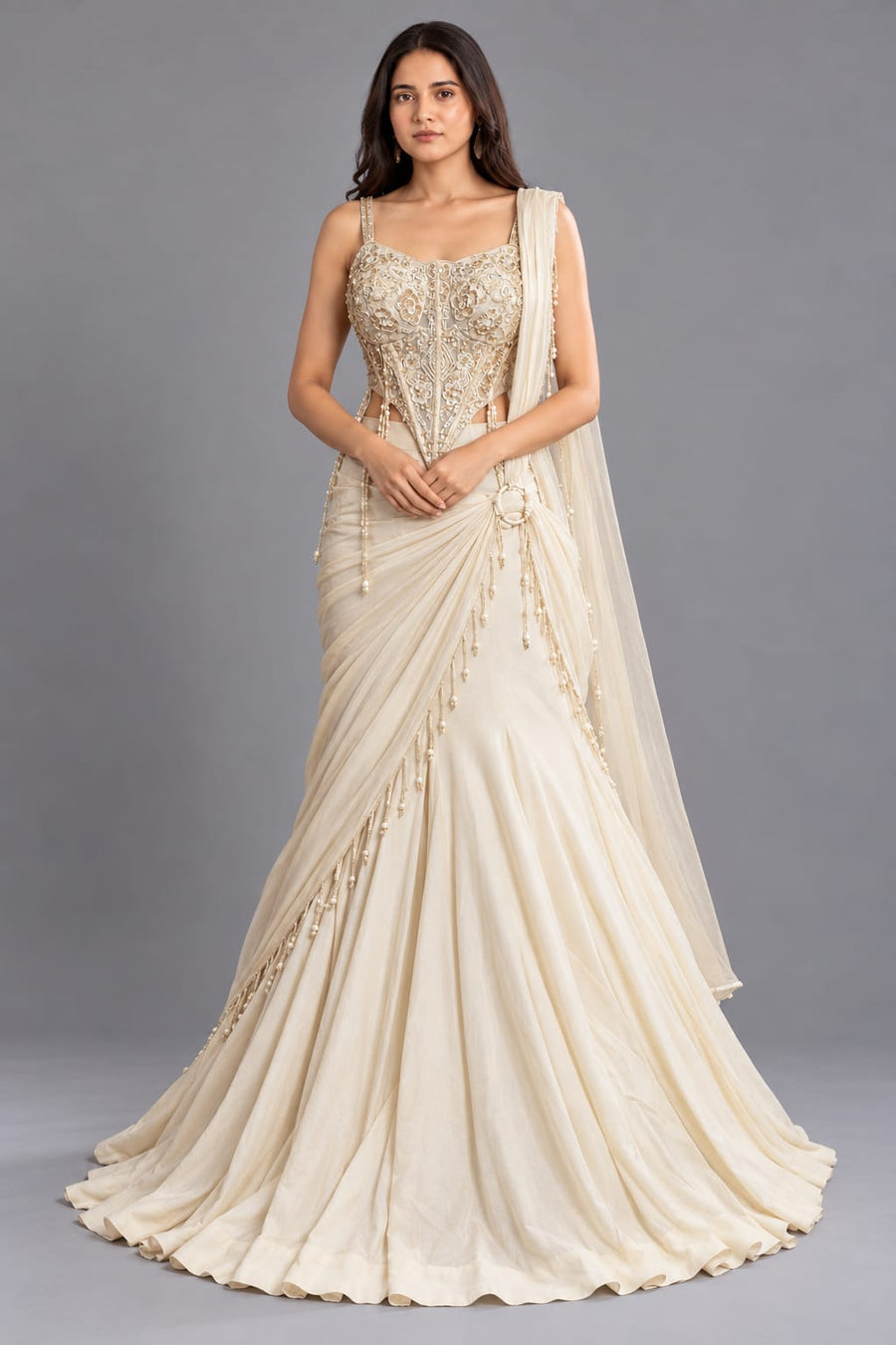 Ivory Drape Saree with Embroidered Corset Blouse for Women | Vastrachowk