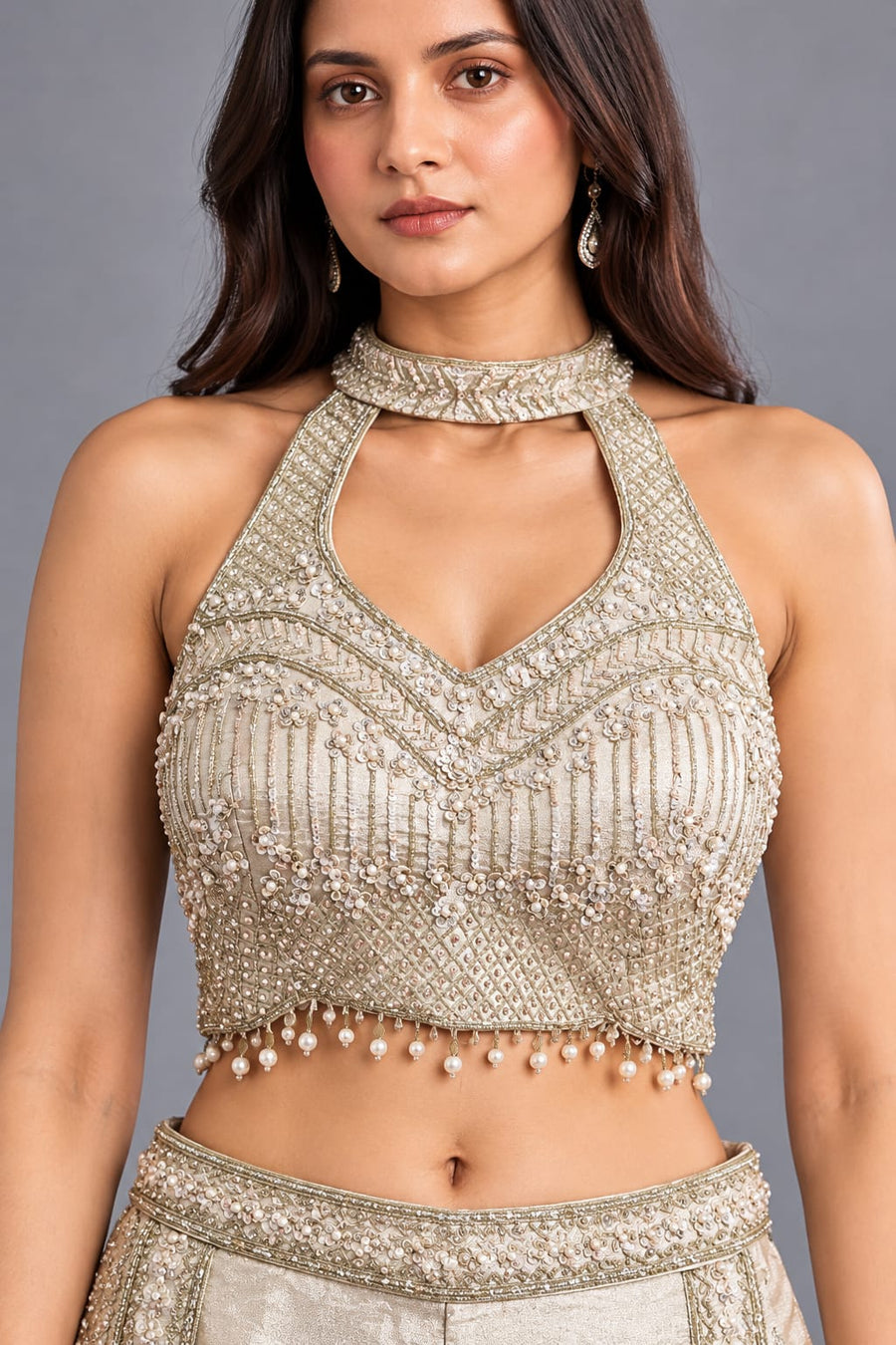 Ivory Embroidered Halter Crop Top with Palazzo and Choker Dupatta