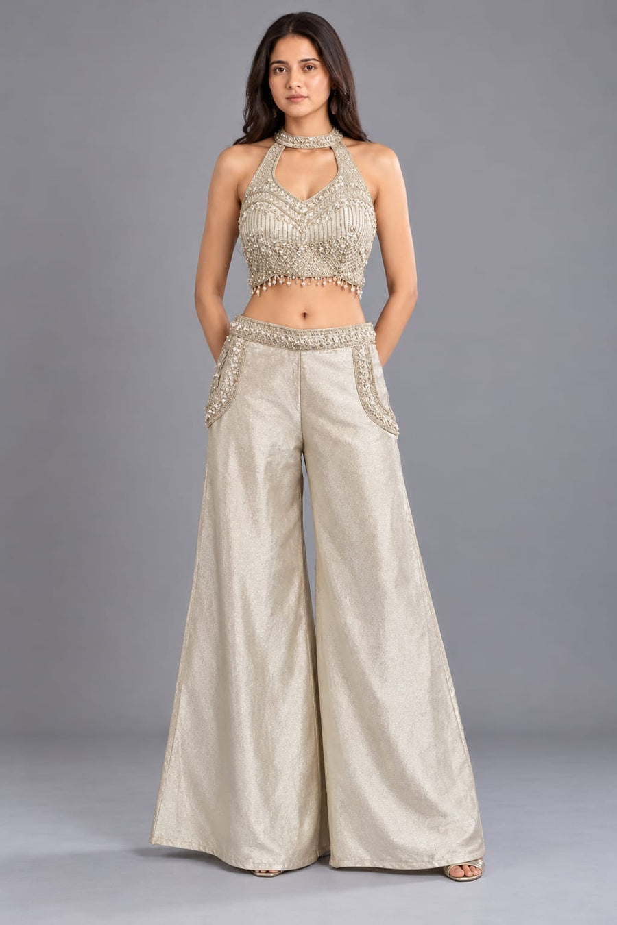 Ivory Embroidered Halter Crop Top with Palazzo and Choker Dupatta