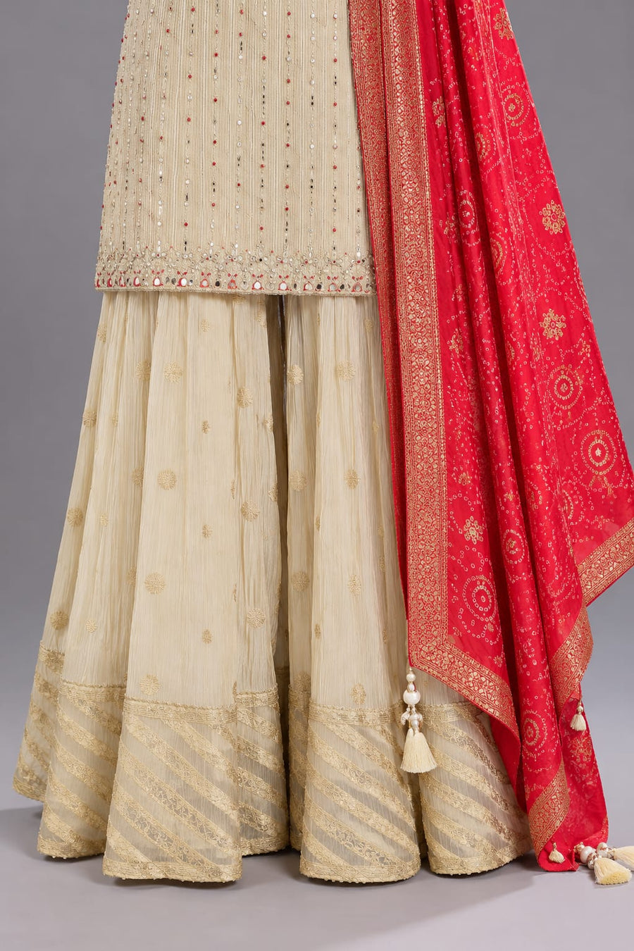 Ivory Embroidered Sharara Suit with Red Dupatta for Wedding Wear
