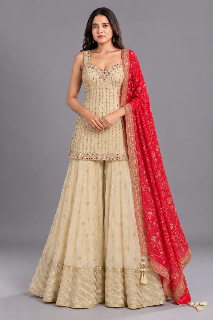 Ivory Embroidered Sharara Suit with Red Dupatta for Wedding Wear