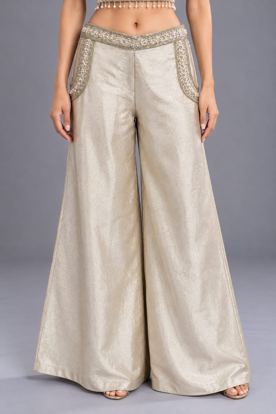 Ivory Embroidered Halter Crop Top with Palazzo and Choker Dupatta
