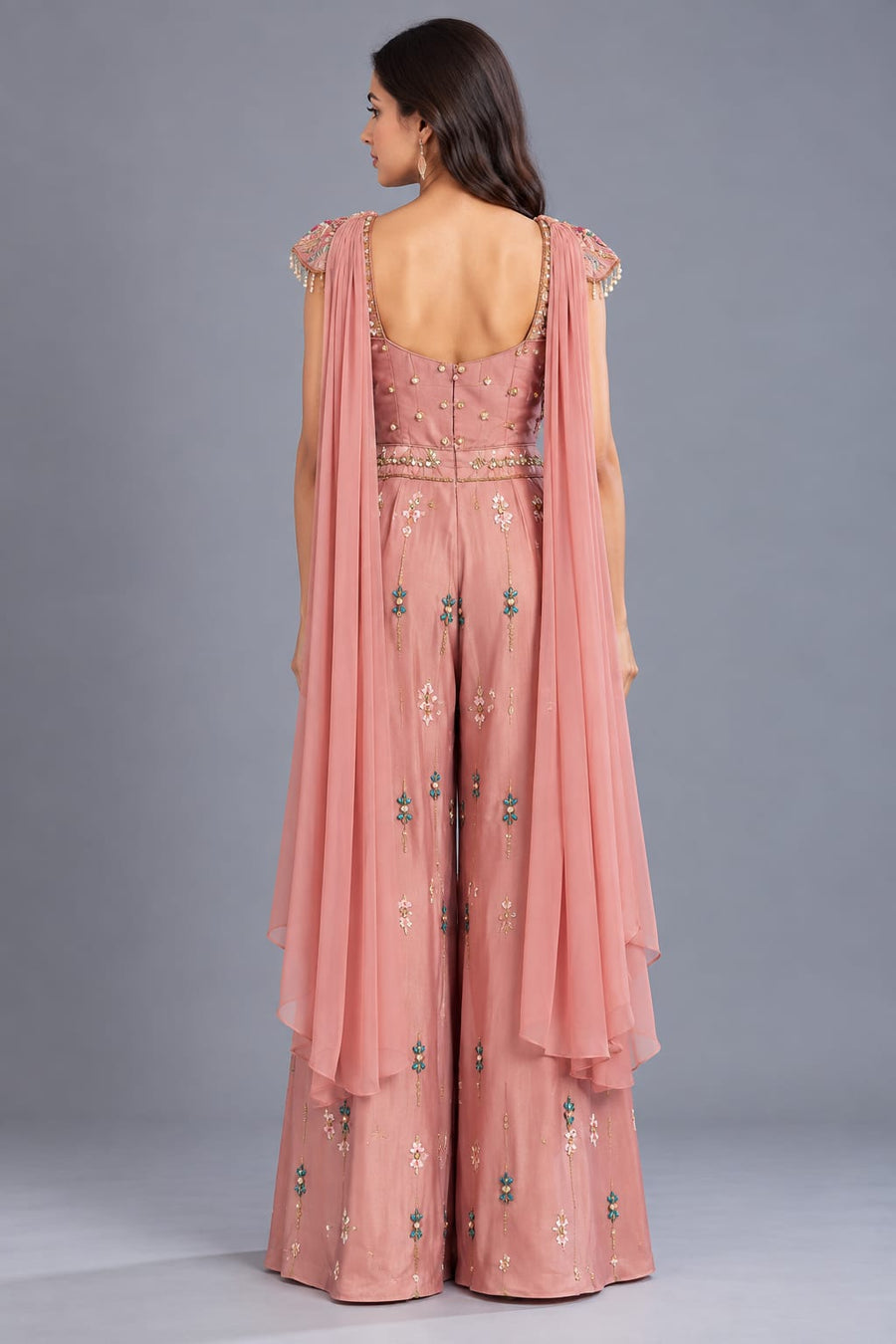 Dusty Pink Embroidered Wide-Leg Jumpsuit with Choker Dupatta