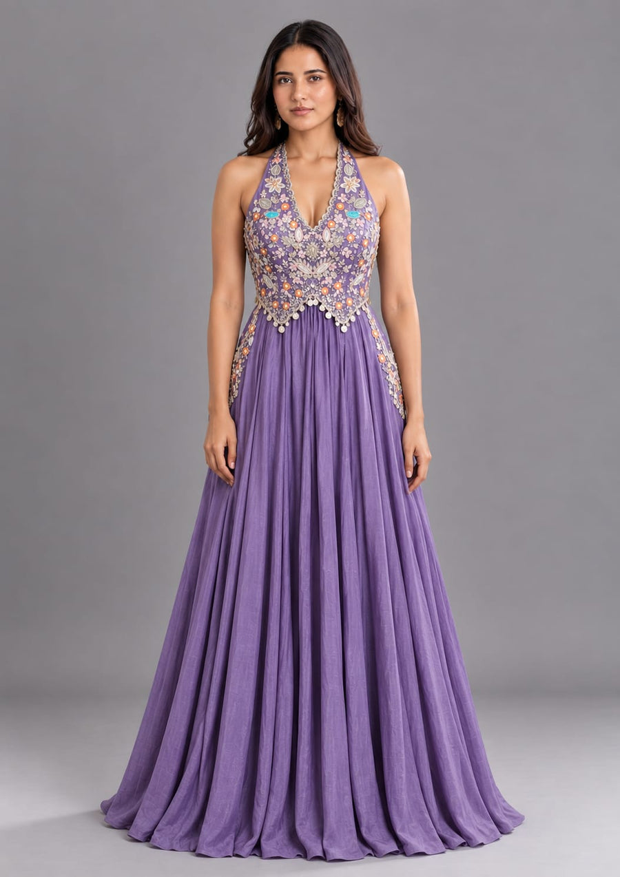 Lavender Floral Embroidered Halter Neck Anarkali