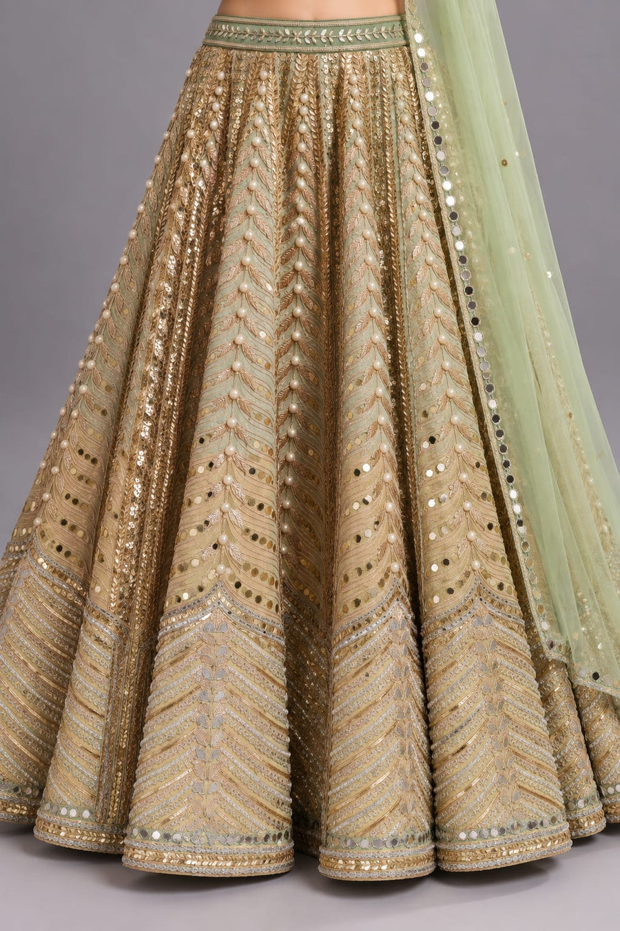 Pastel Green & Gold Mirror Work Lehenga with Pearl Detailing