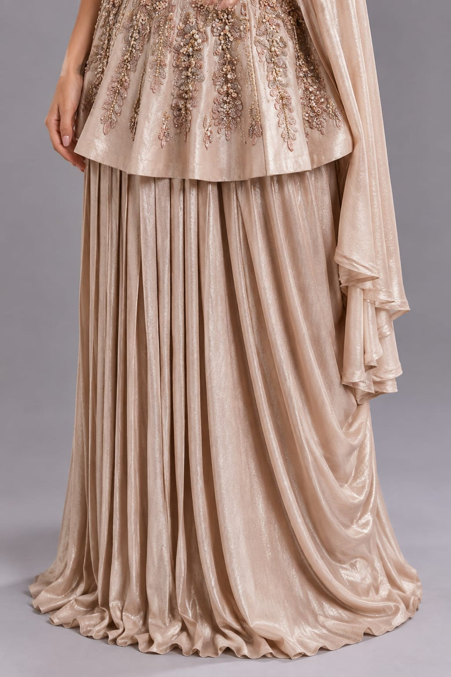 Champagne Embellished Peplum Drape Gown for Women Party Wear