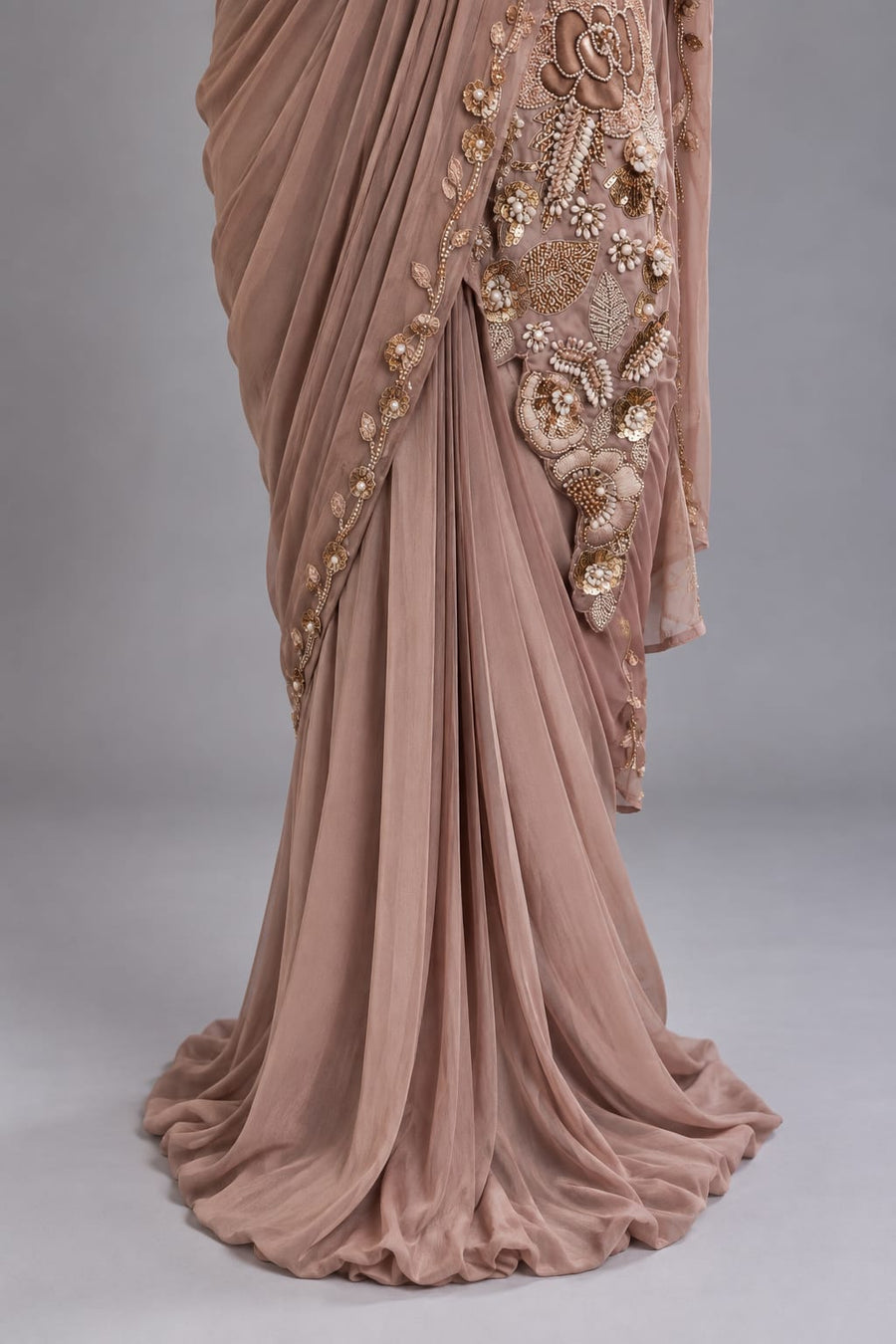 Taupe Embellished Drape Saree with Designer Blouse for Women Party Wear