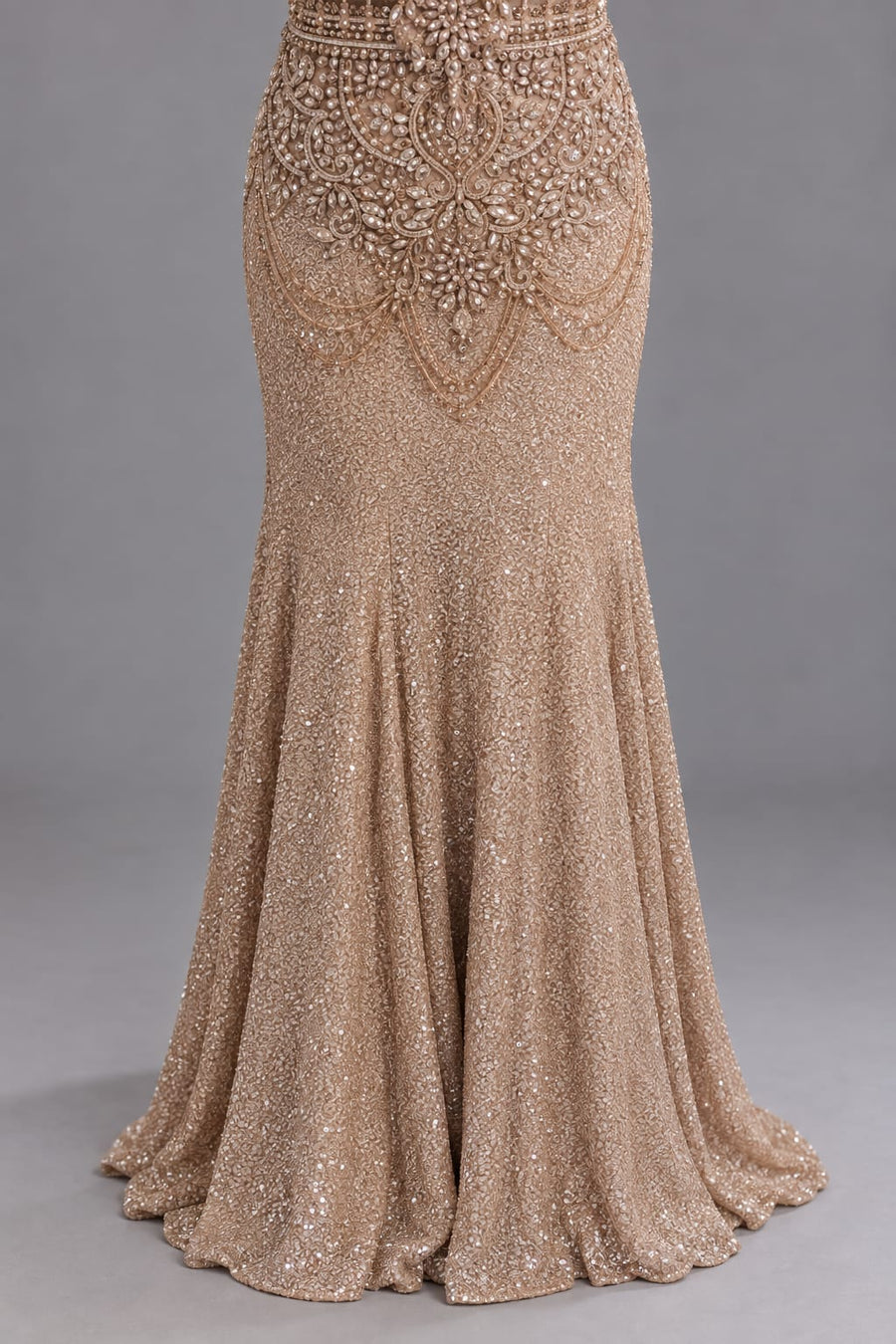 Champagne Gold Embroidered Fishcut Gown with Off-Shoulder Dupatta