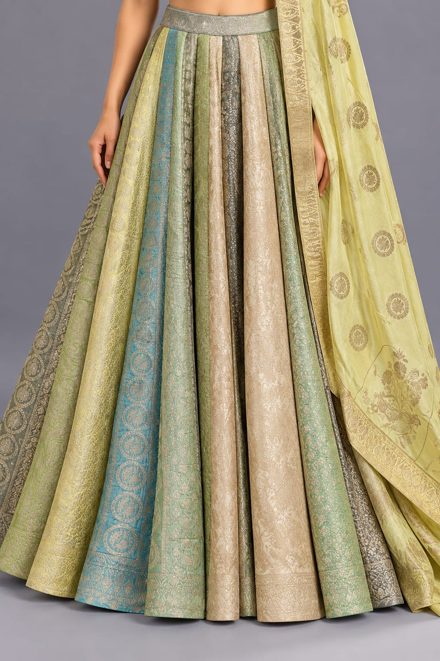 Multi Colour Woven Lehenga with Embellished Blouse & Dupatta for Women